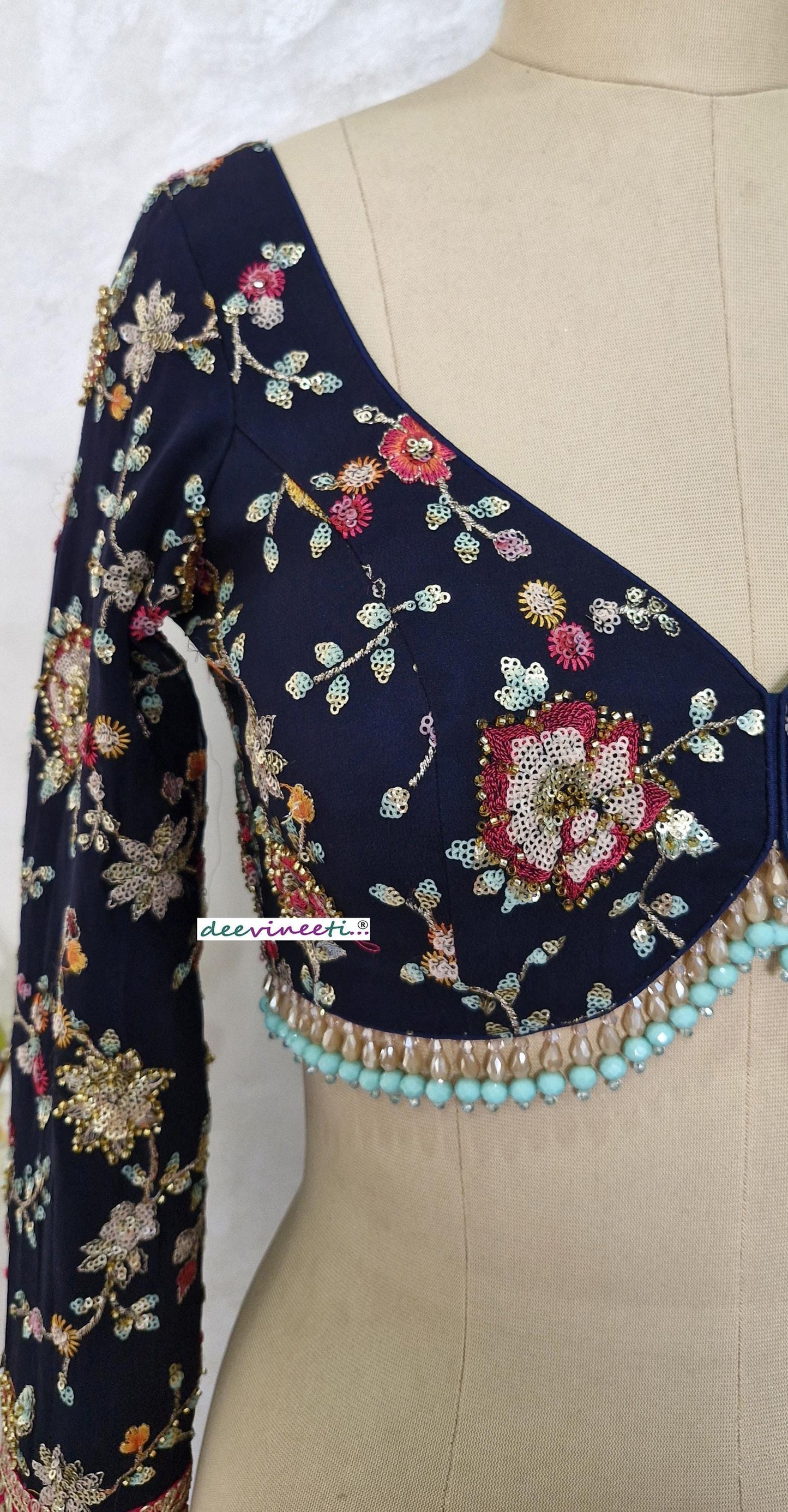 Deep Blue Embroidered Semi Sweetheart Neck Blouse DVBL_401