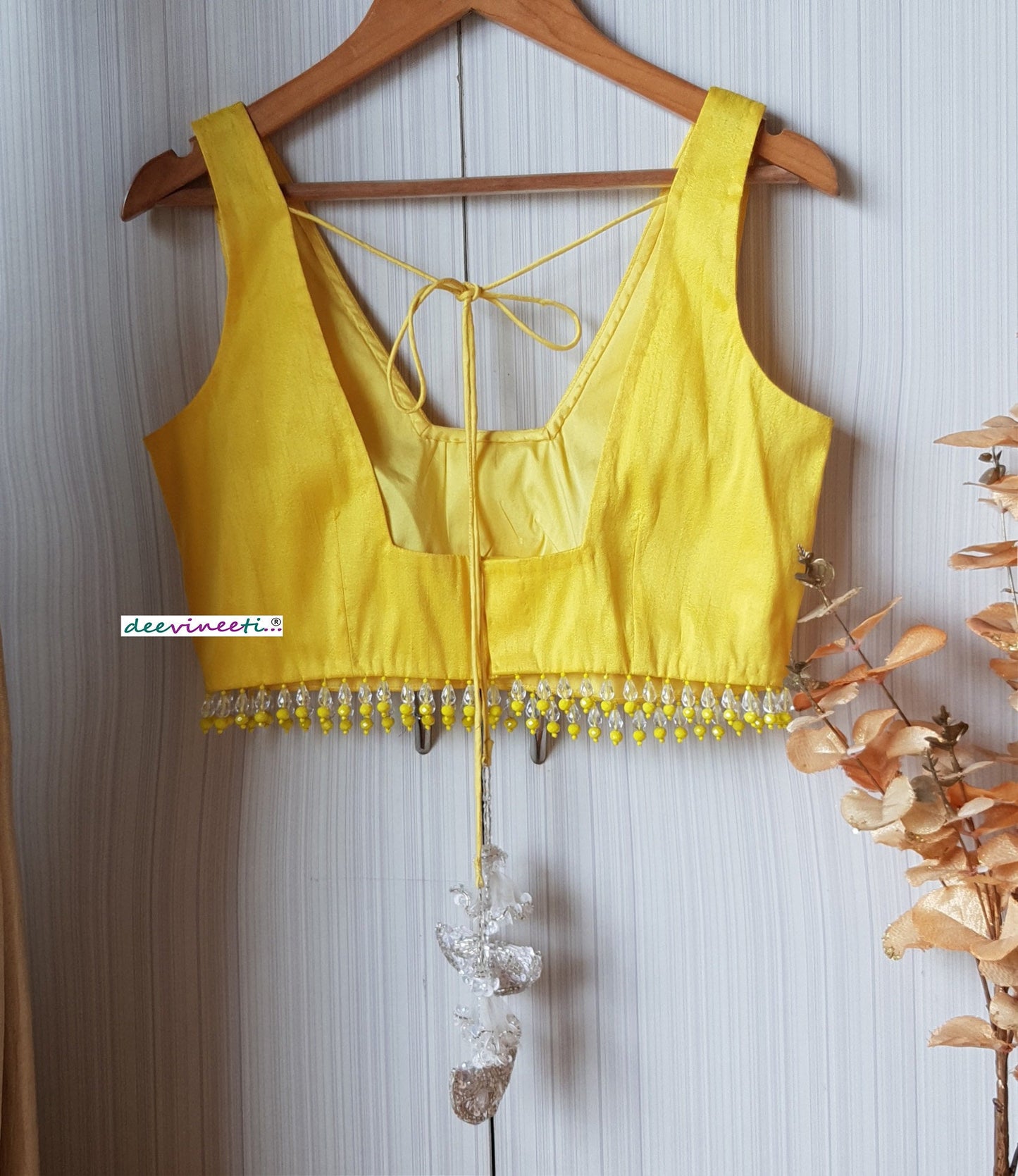 Designer Yellow Raw Silk Trapeze Neck Blouse with Beads Fringes DVBL_207