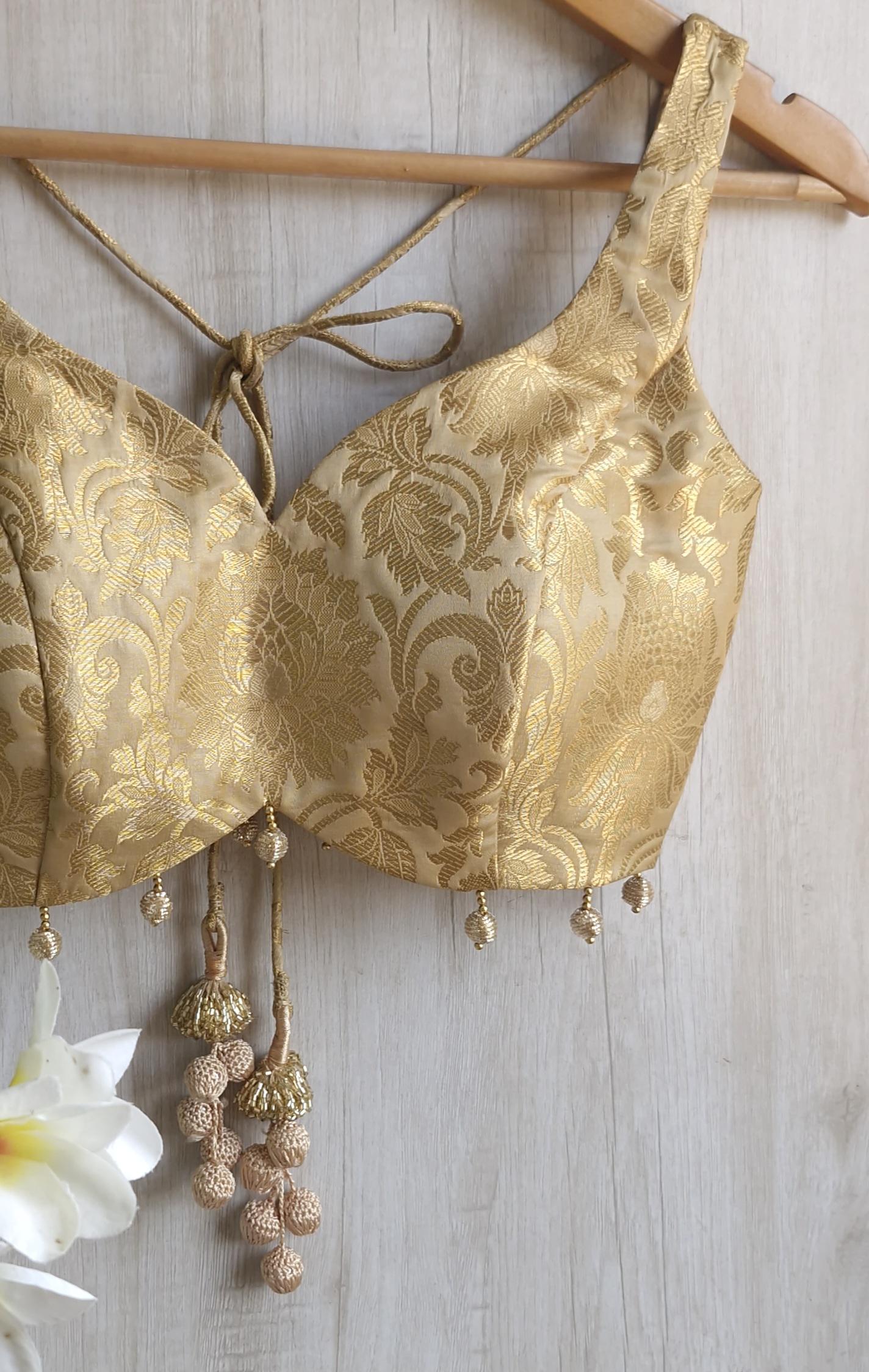 Gold Beige Banarasi Brocade Sweetheart Neck Blouse  DVBL_411