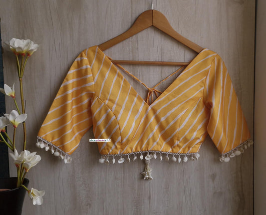 Yellow Leheriya Print Silk V Neck Blouse DVBL_392