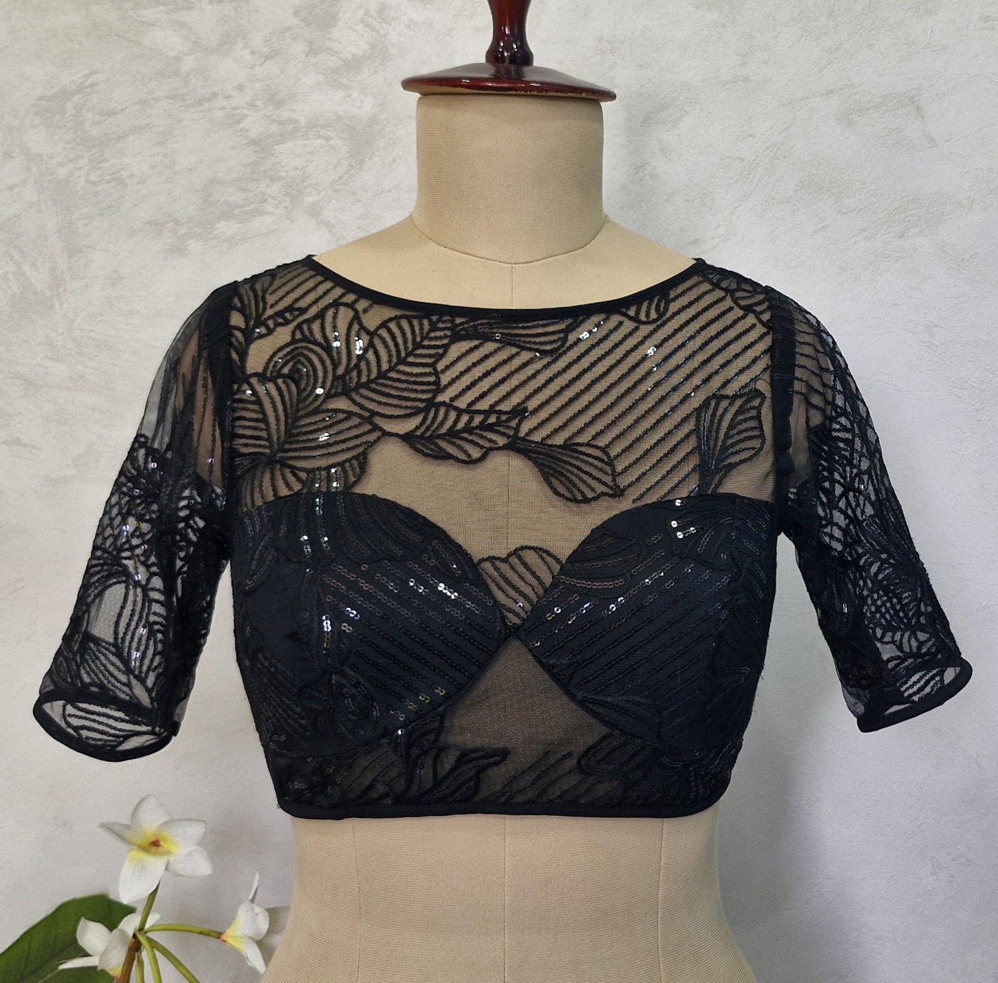 Embroidered Net Black Blouse with Sleeves DVBL_418
