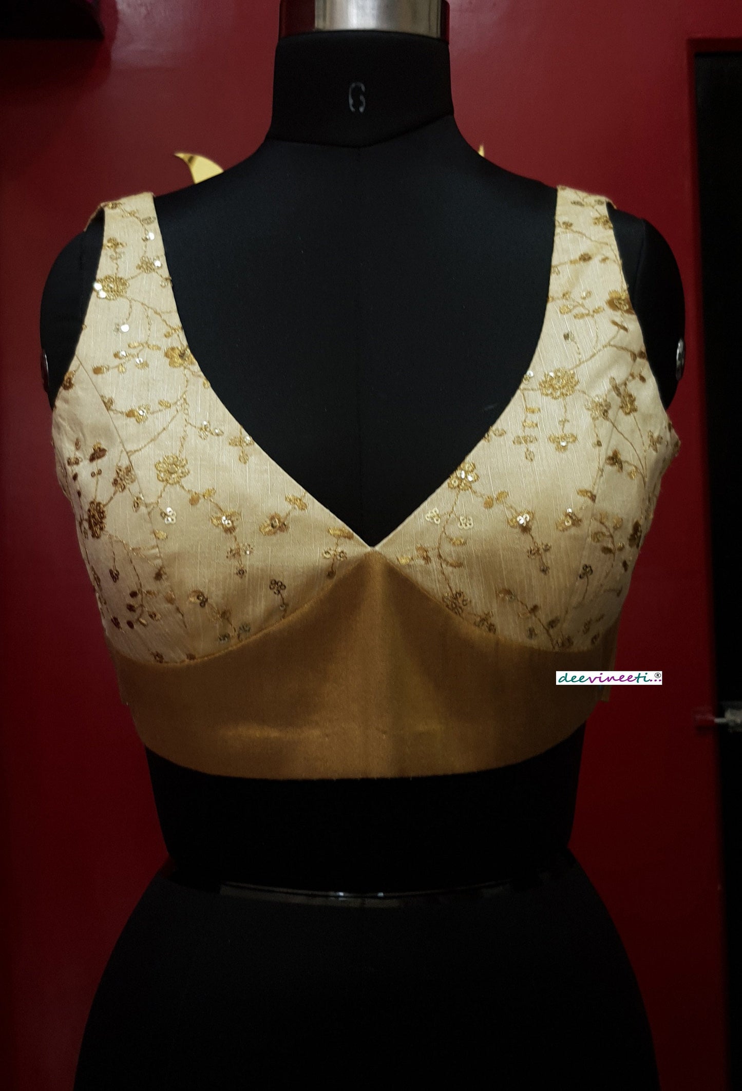 Cream Gold Embroidered Deep V Neck Blouse DVBL_253