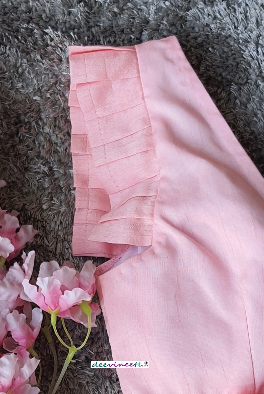 Pink Tussar Silk V Neck Pleated Sleeves Blouse  DVBL_220