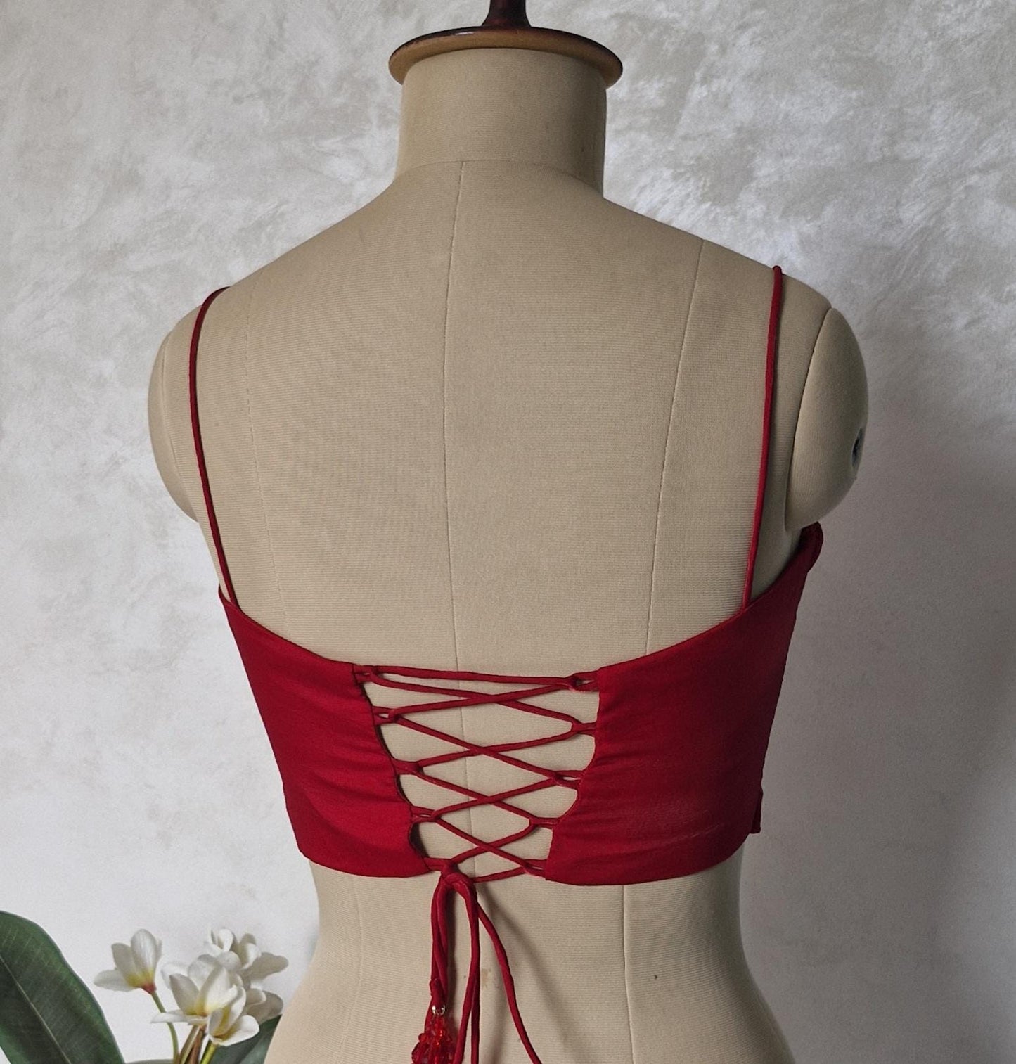 Cherry Red Organza Spaghetti Corset Blouse DVCB_005