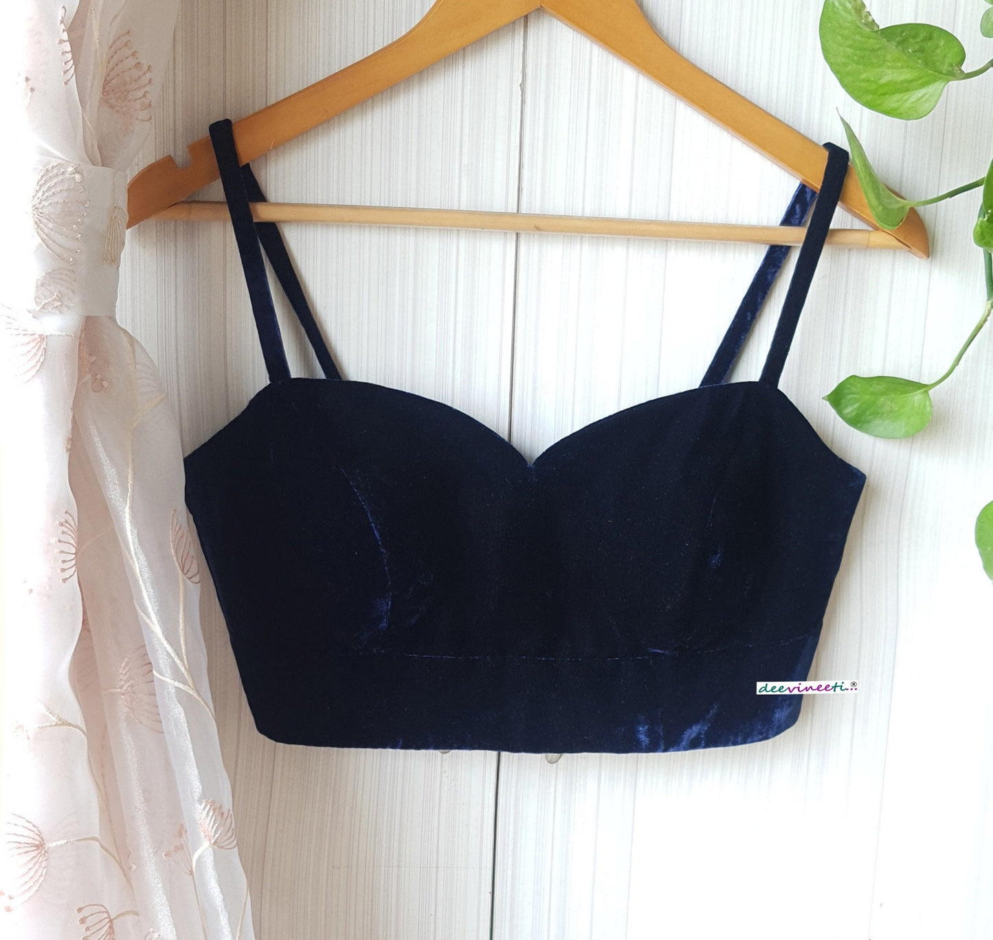 Deep Blue Velvet Deep Sweetheart Neck Spaghetti Blouse DVBL_263