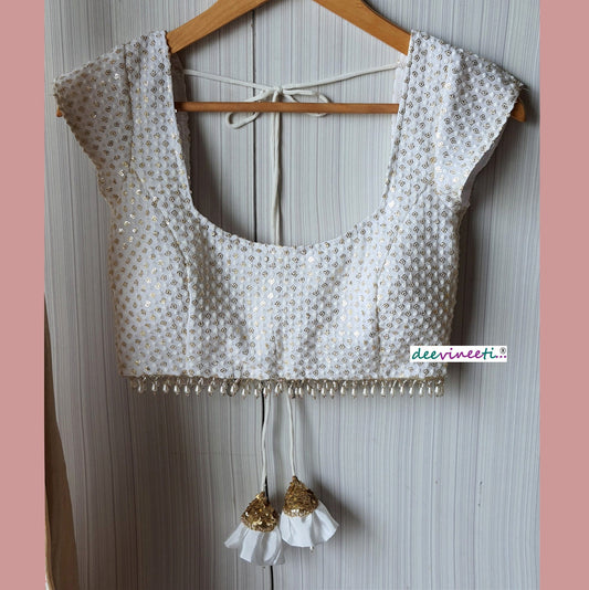Thread Sequins Embroidered White Cap Sleeves Blouse DVBL_064