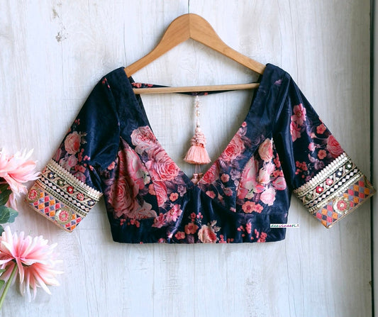 Deep Blue Floral Print Velvet V Neck Blouse DVBL_348.