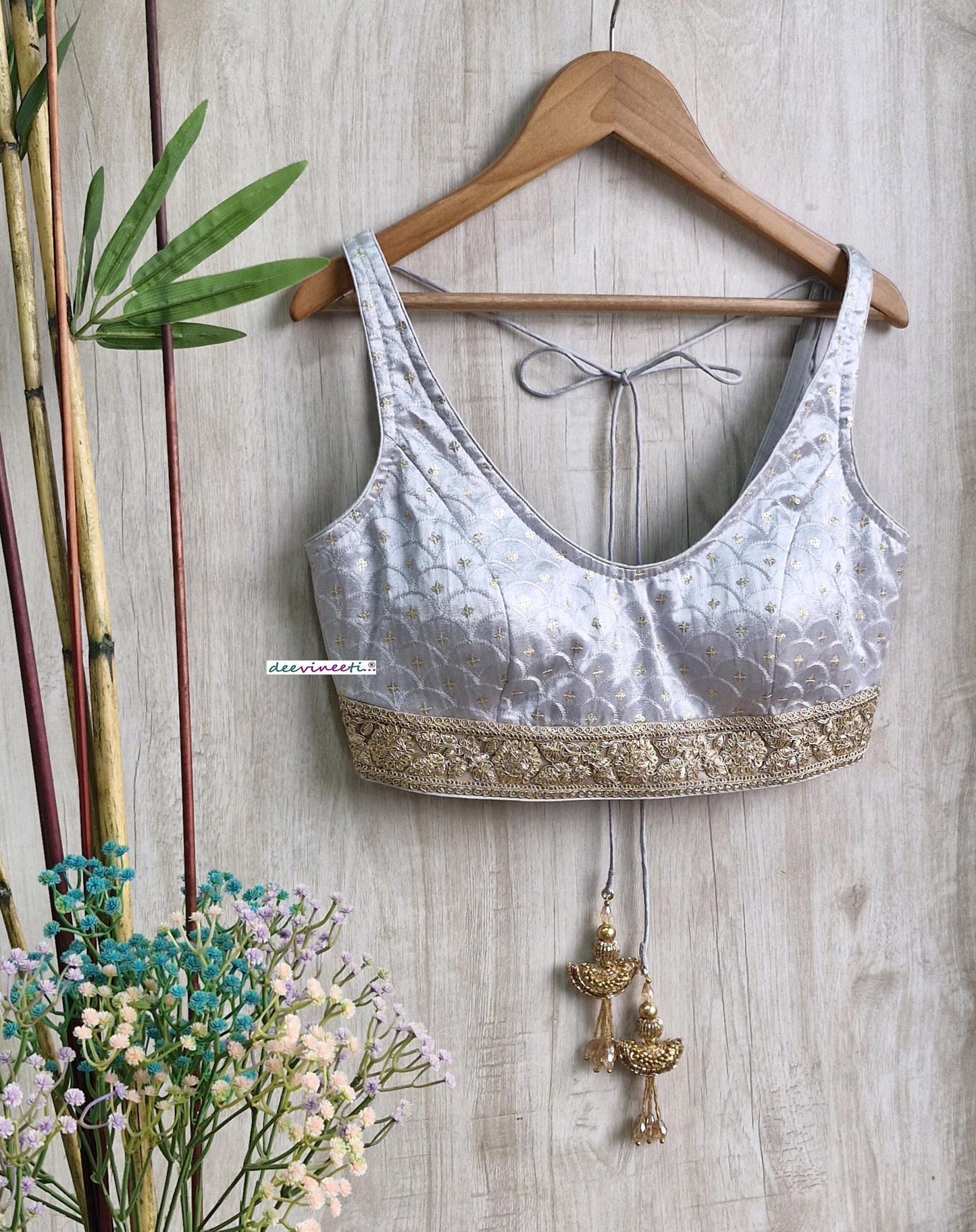 Grey Embroidered Gajji Silk V Neck Blouse DVBL_383