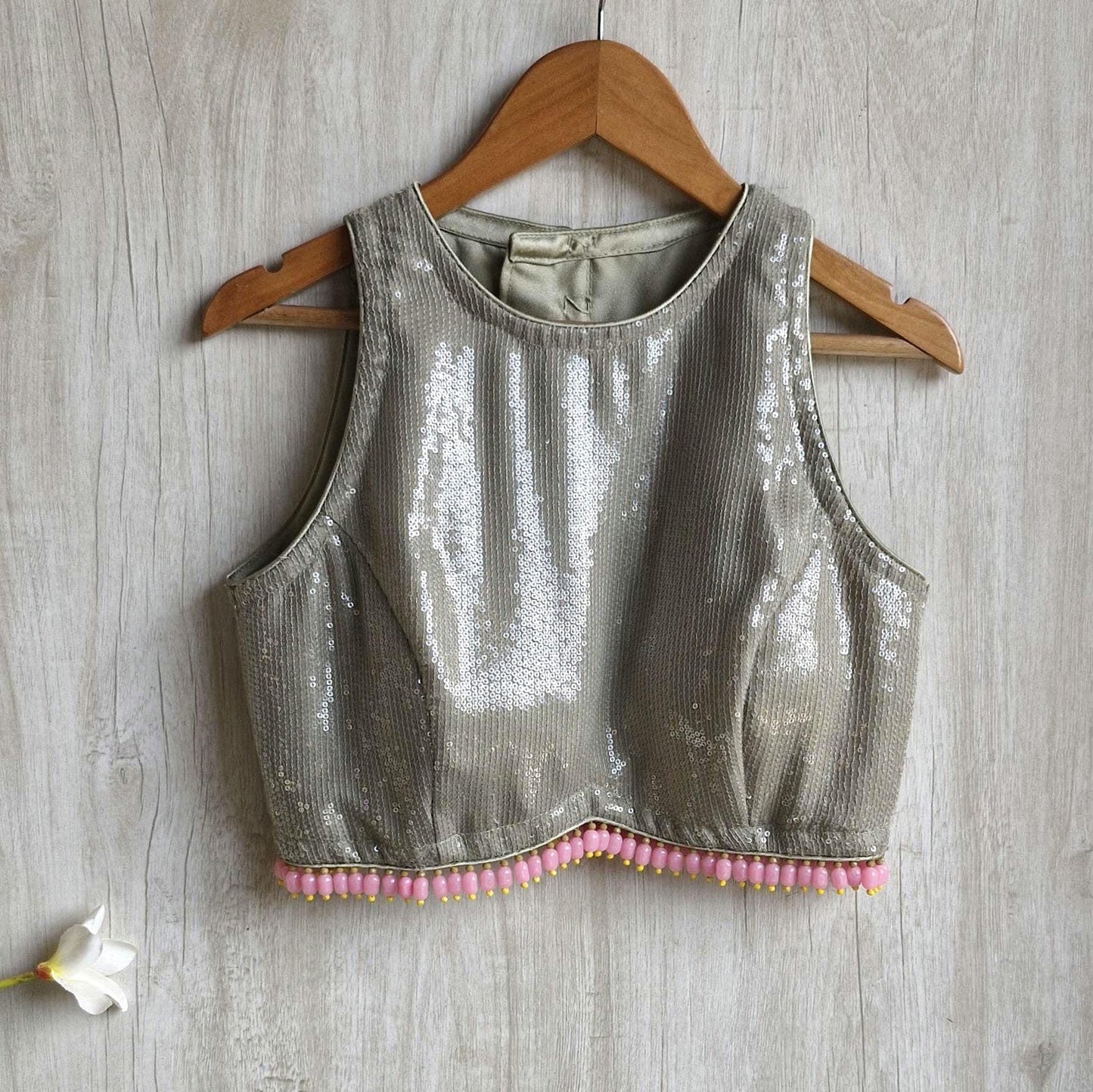 Sequins Embroidered Greenish Grey Blouse DVBL_453