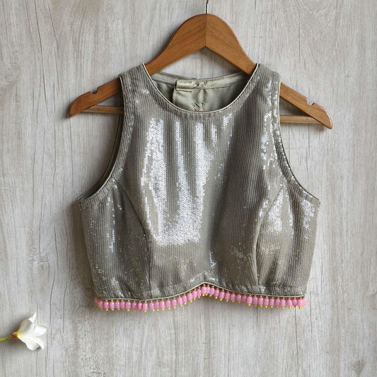Sequins Embroidered Greenish Grey Blouse DVBL_453