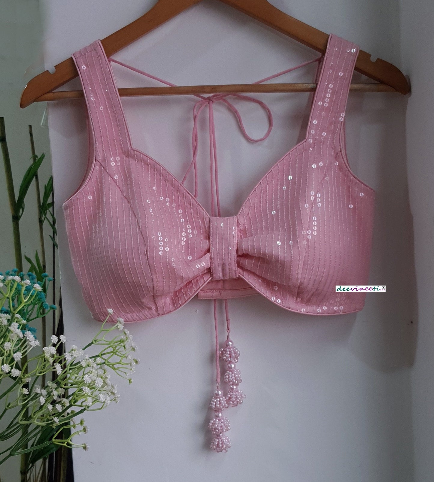 Sequins Embroidered  Pink  Sweetheart Neck Blouse DVBL_288