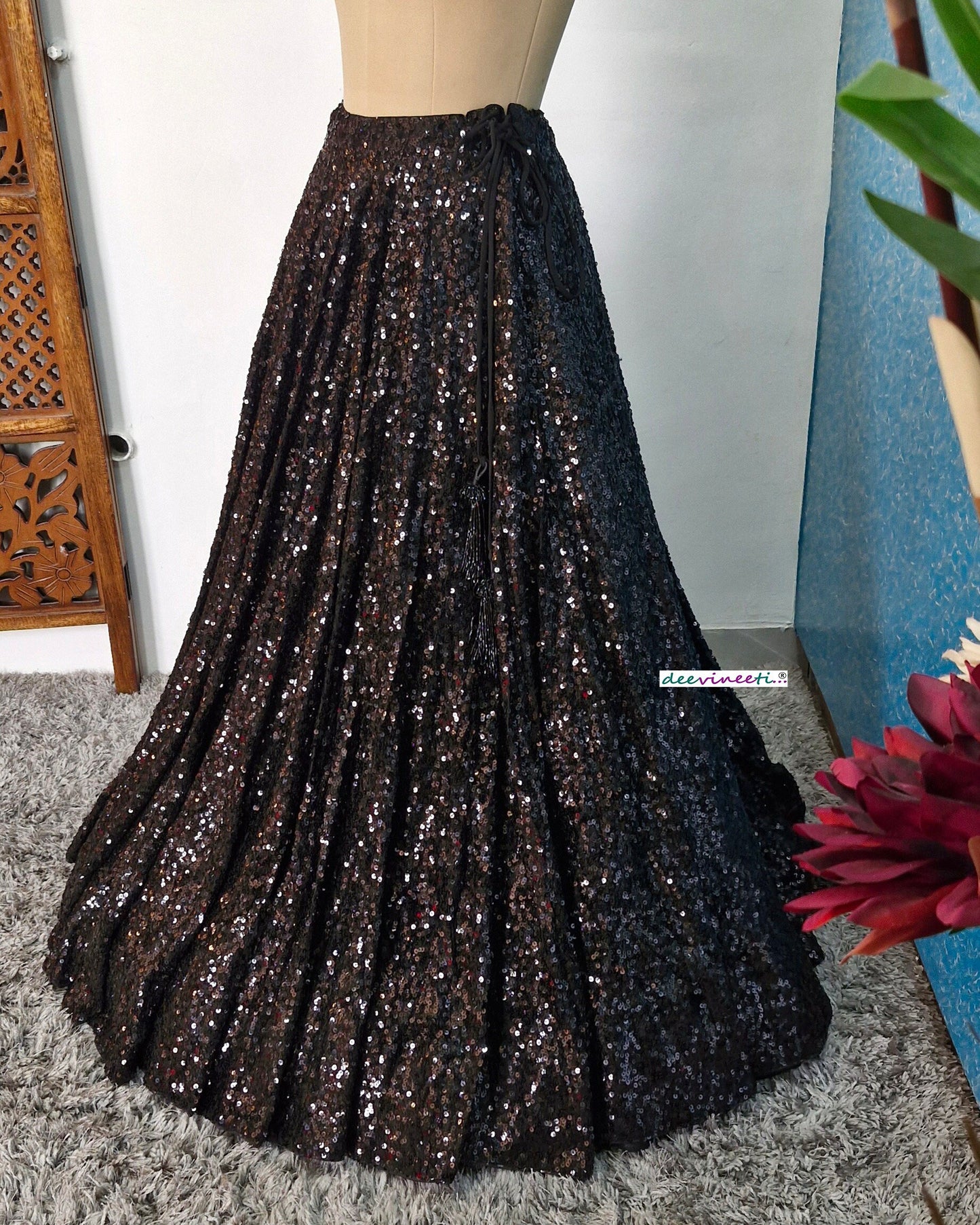 Black Sequins Lehenga Skirt DVLS_040