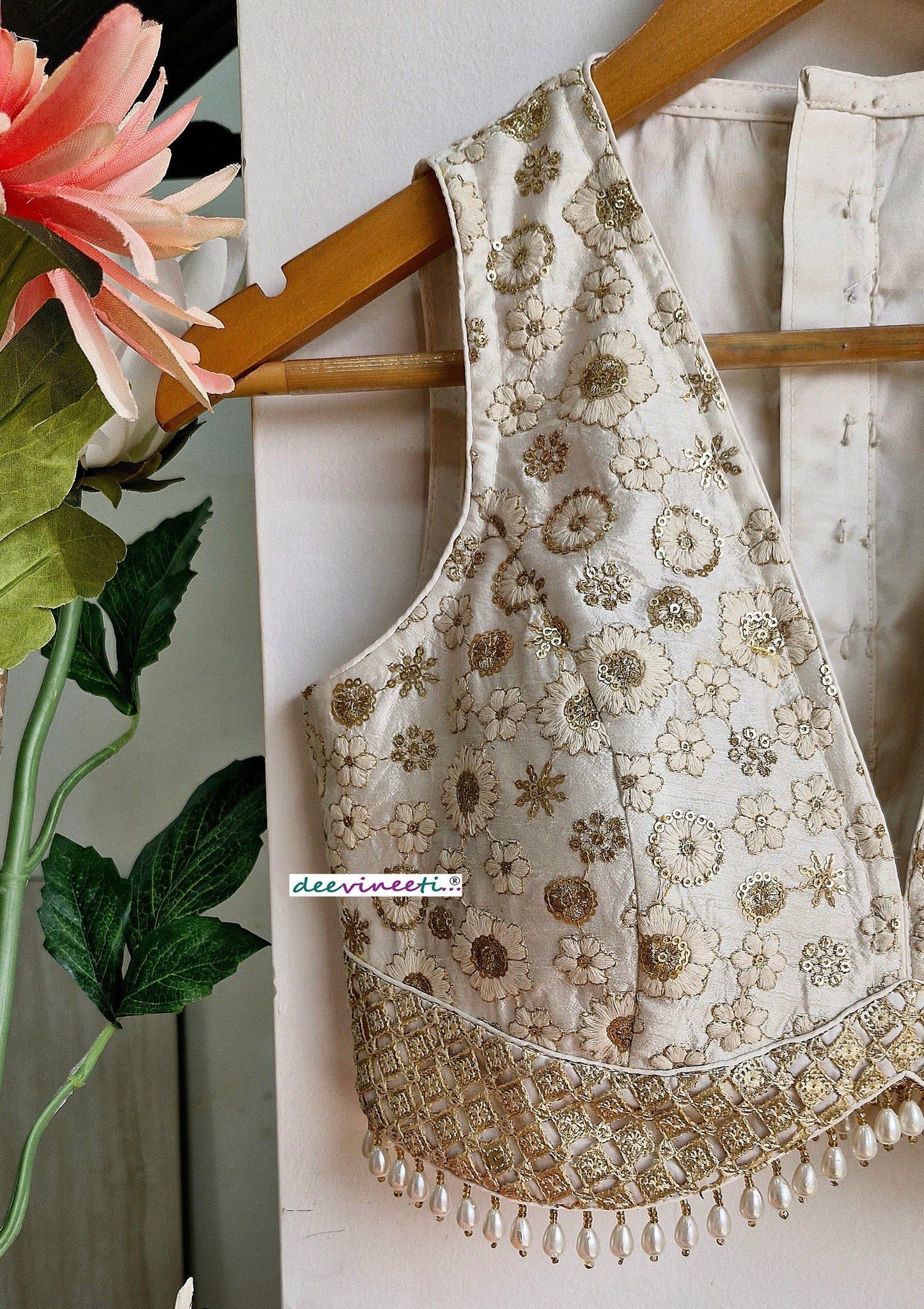 Off-White Embroidered Silk V Neck Blouse DVBL_313