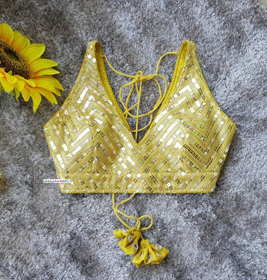 Yellow Sequins Embroidered Blouse Deep V Neck Blouse DVBL_217