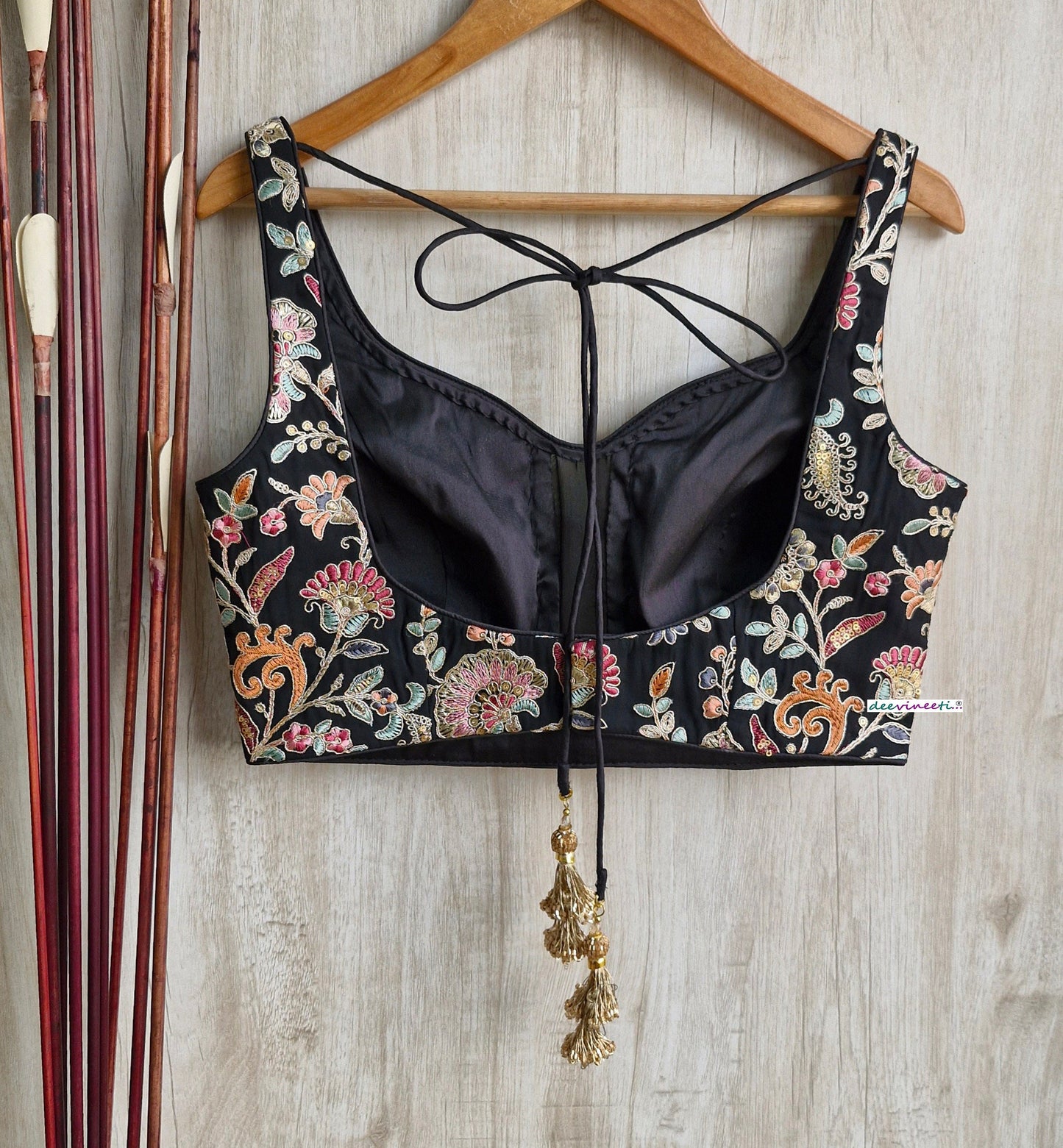 Black Embroidered  Sweetheart Neck Blouse DVBL_314
