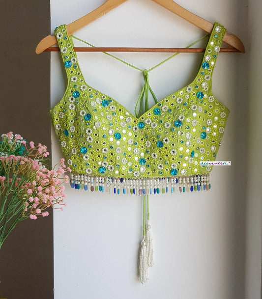 Hand Embroidered Lime Green Deep Sweetheart Neck Blouse  DVBL_287
