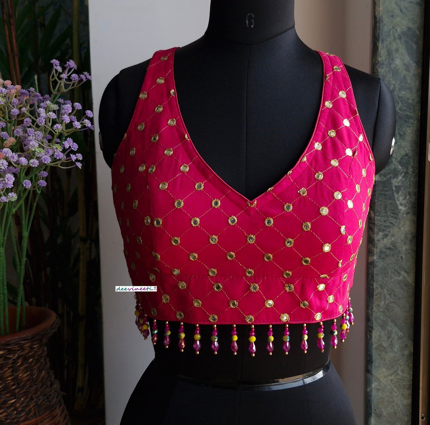 Hot Pink Embroidered Backless Blouse DVBL_336
