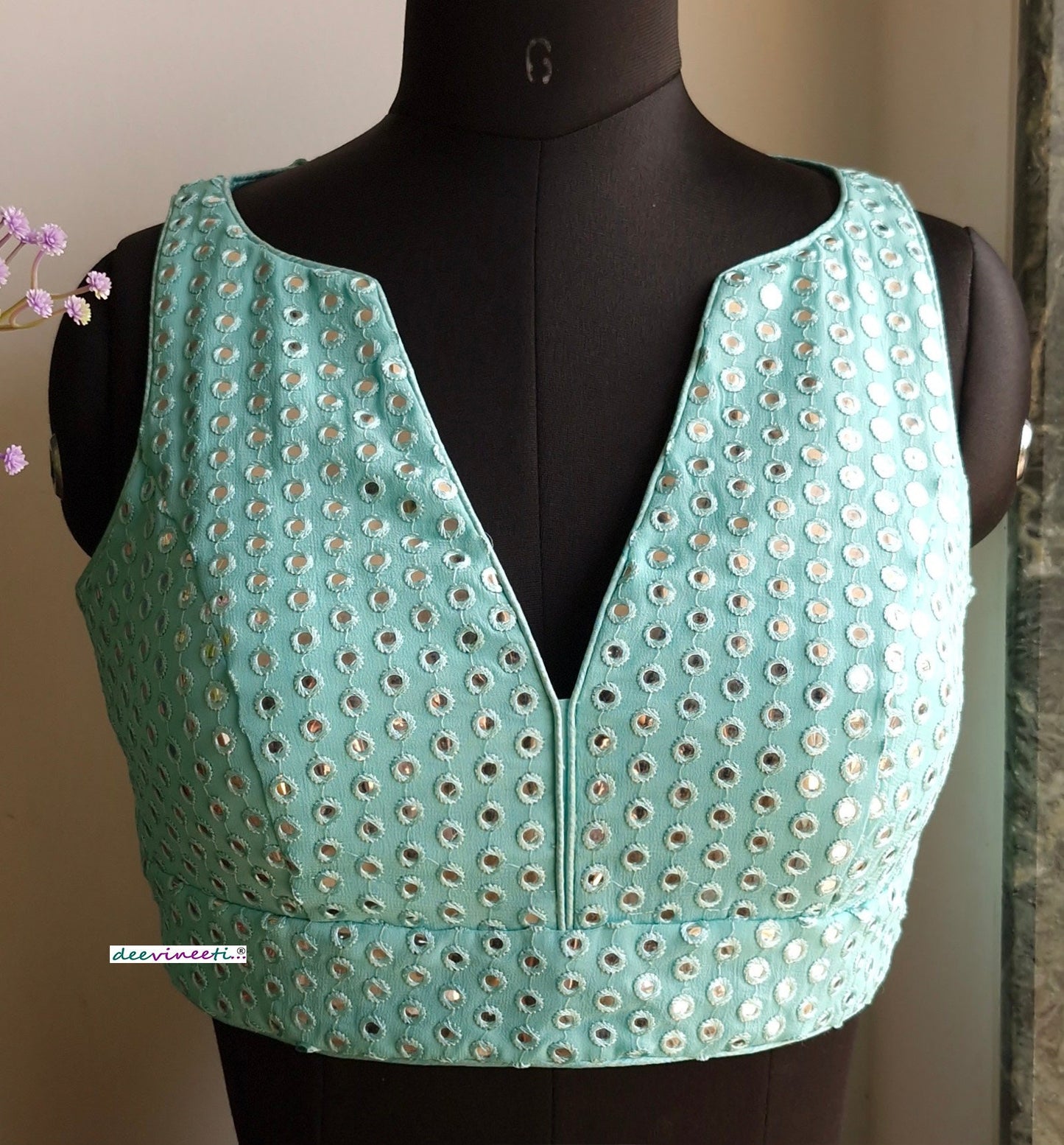 Sea Green Faux Mirror V Neck Blouse DVBL_338