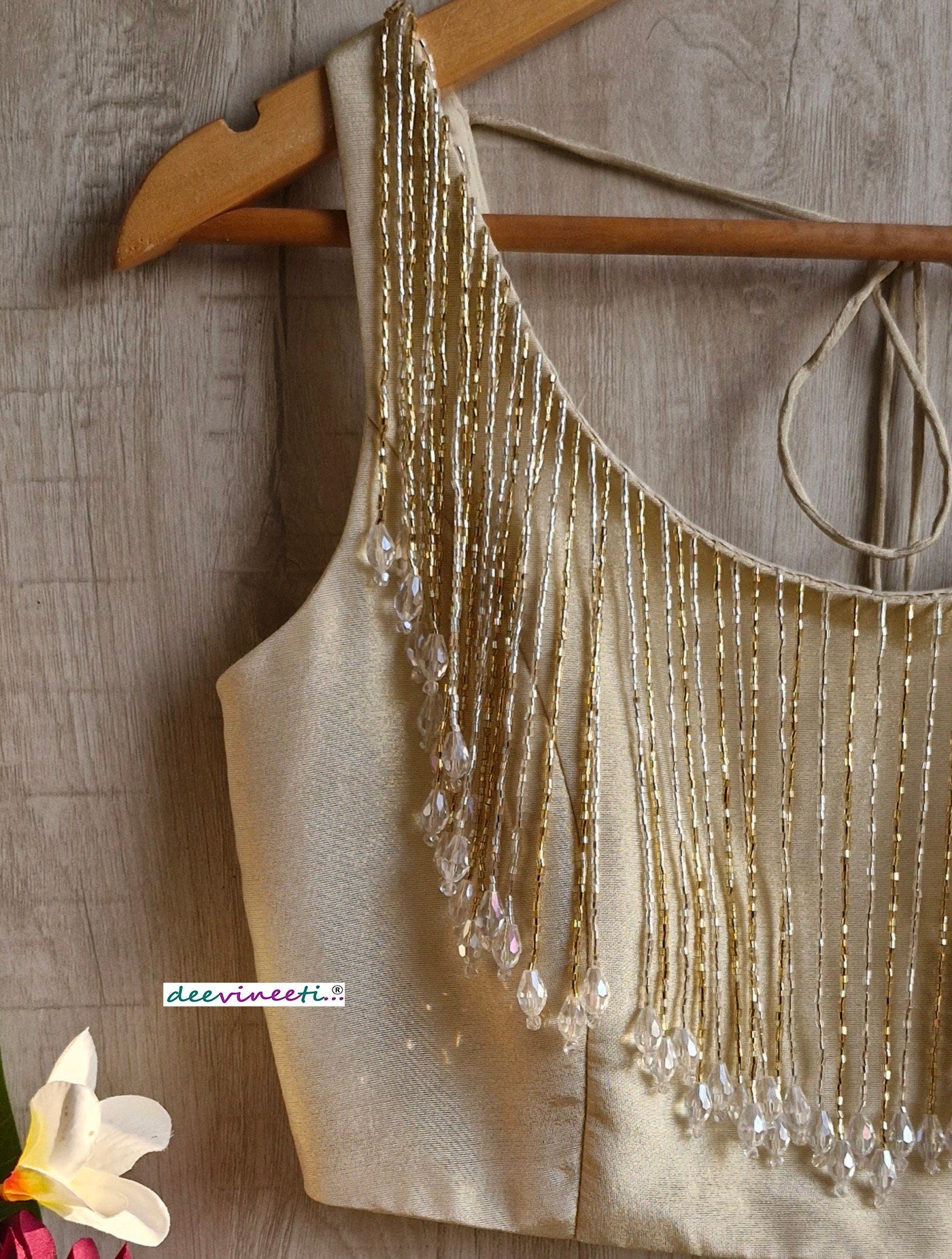 Light Gold Tissue Silk Round Neck with Fringes Blouse DVBL_353.