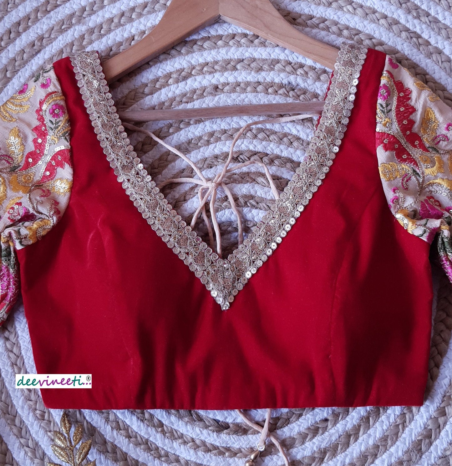 Red Velvet Embroidered Sleeves Blouse DVBL_156