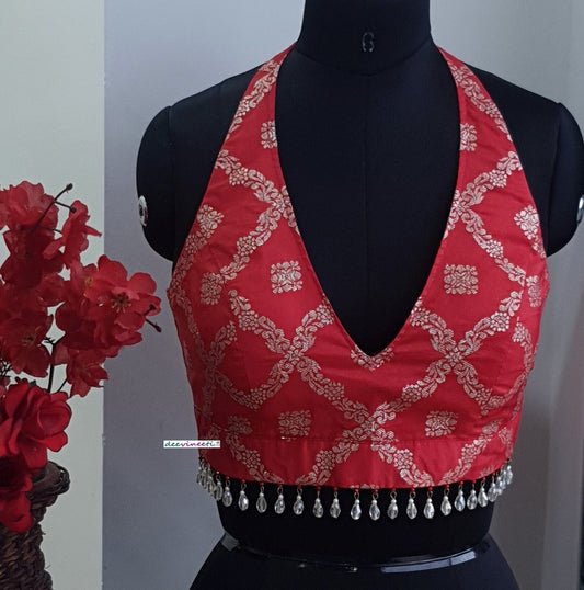 Red Brocade Halter Neck Blouse DVBL_264