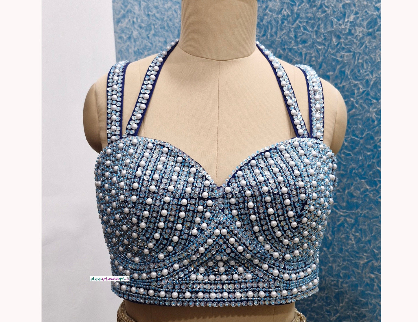 Beads and Sequins Hand Embroidered Blue Bustier Blouse DVBL_354