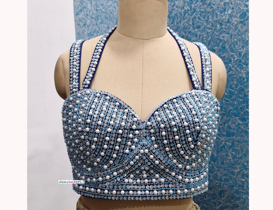 Beads and Sequins Hand Embroidered Blue Bustier Blouse DVBL_354