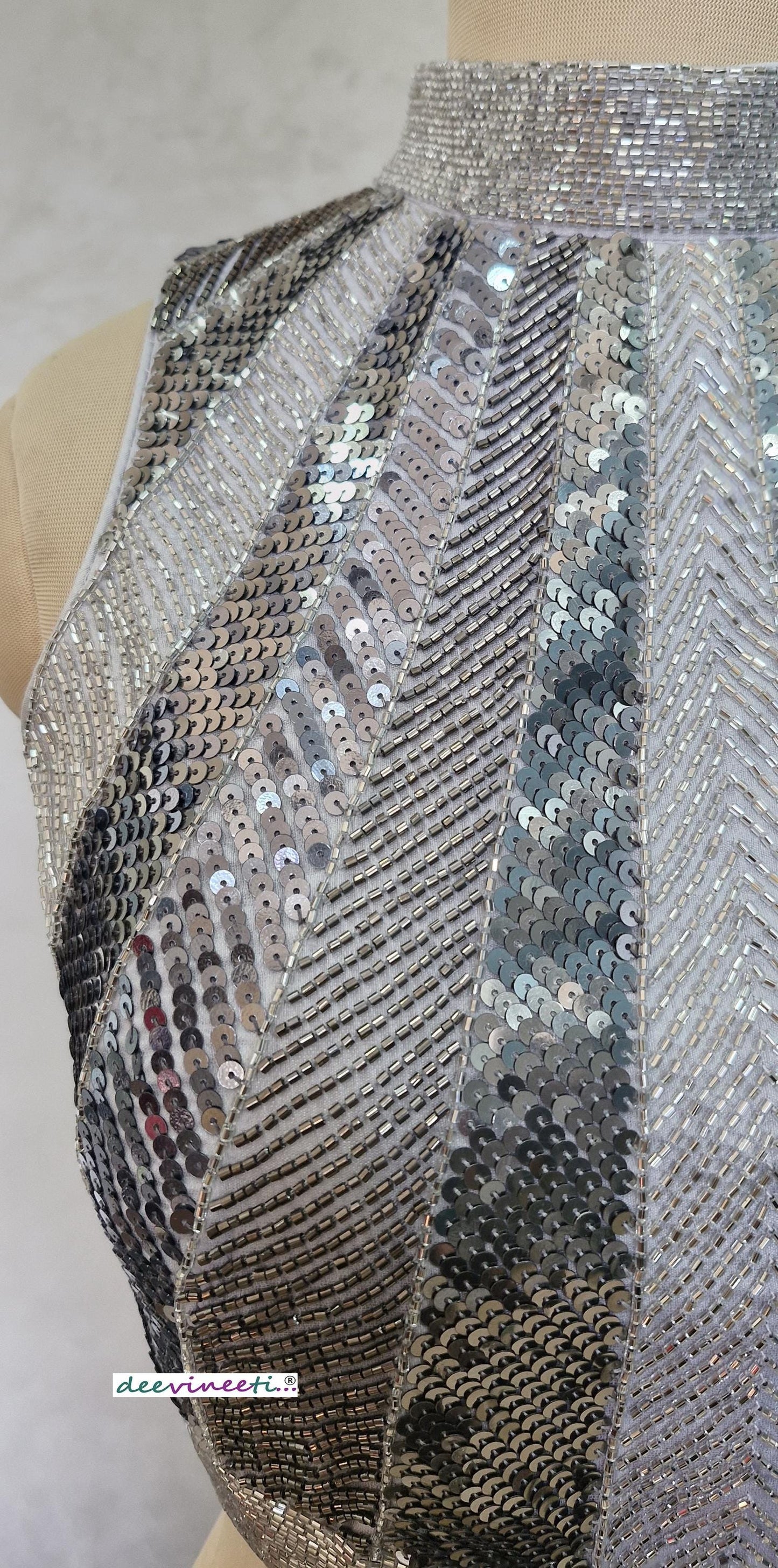 Hand Embroidered Grey Silver Blouse High Neck Sleeveless DVBL_398