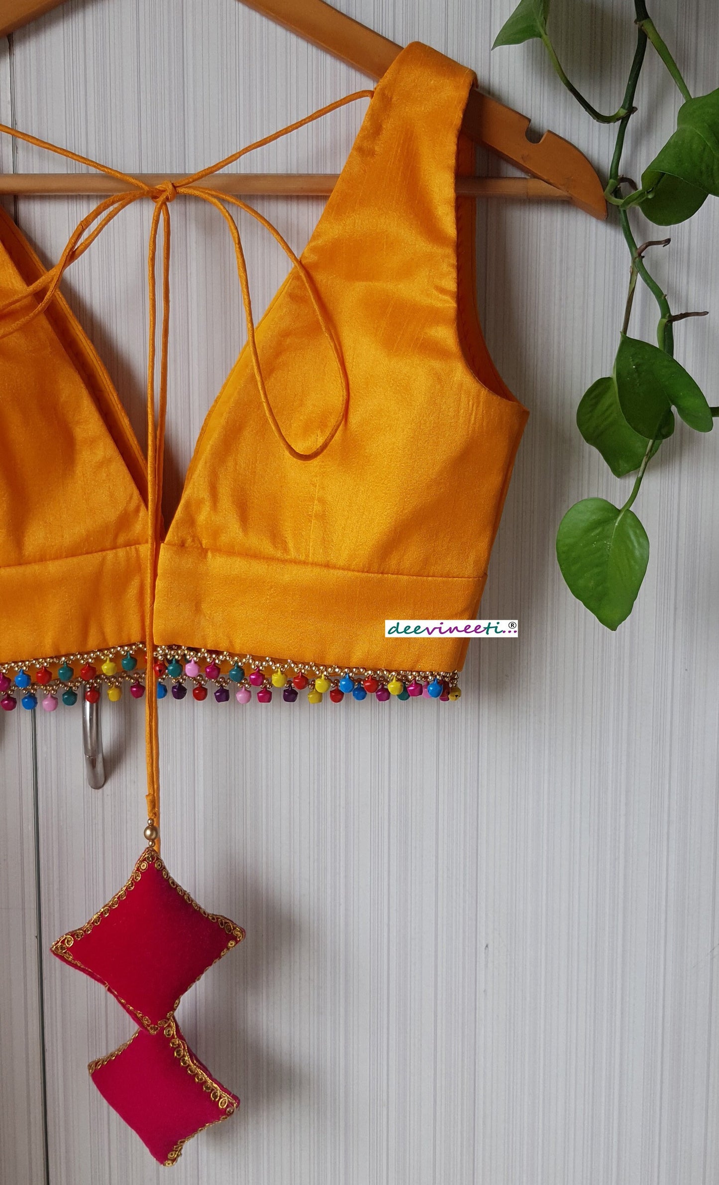 Amber Yellow Raw Silk Plunge Neckline Blouse with Multicolor Fringes DVBL_261