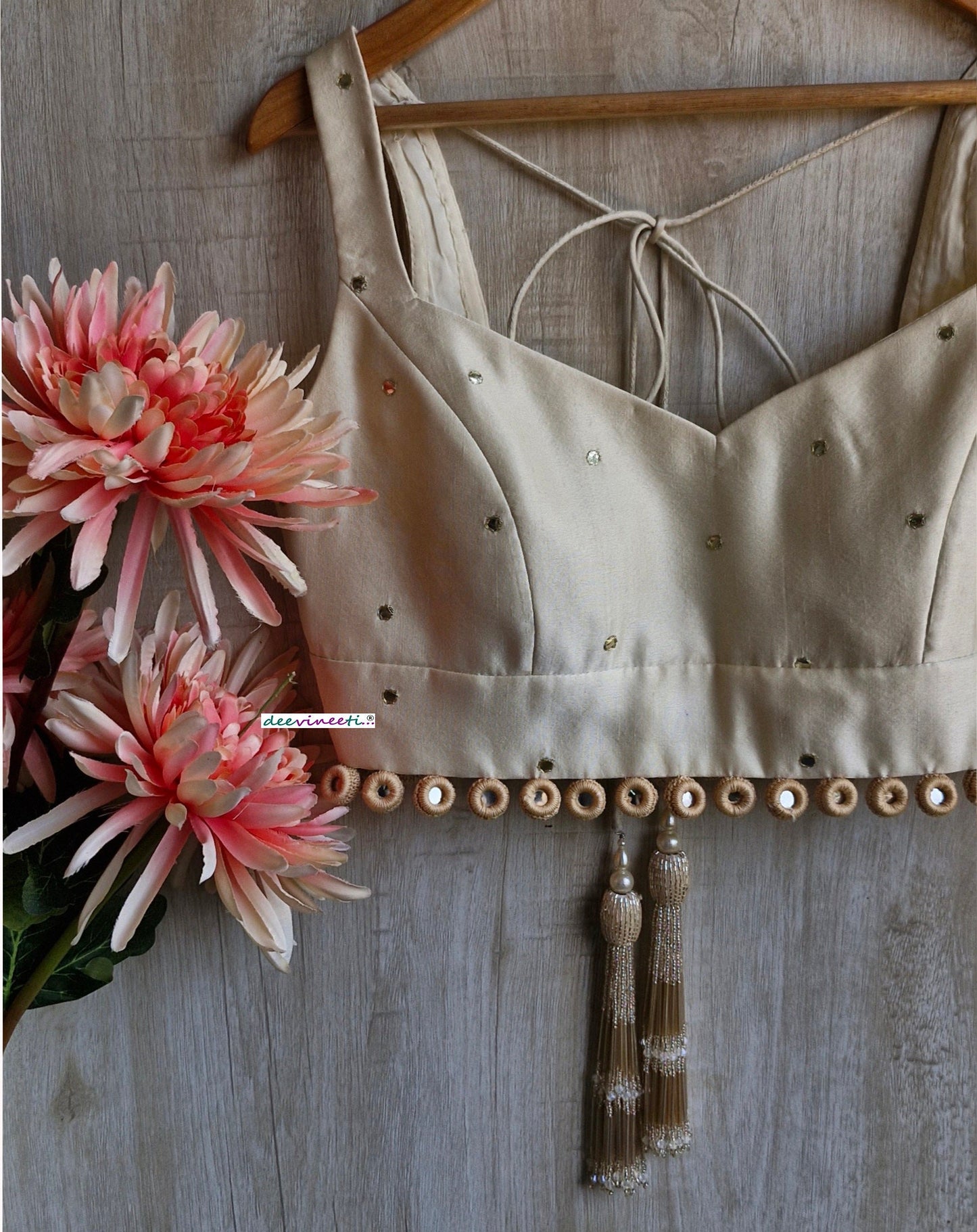 Cream Linen Tissue Silk Semi Sweetheart Neck Blouse DVBL_351