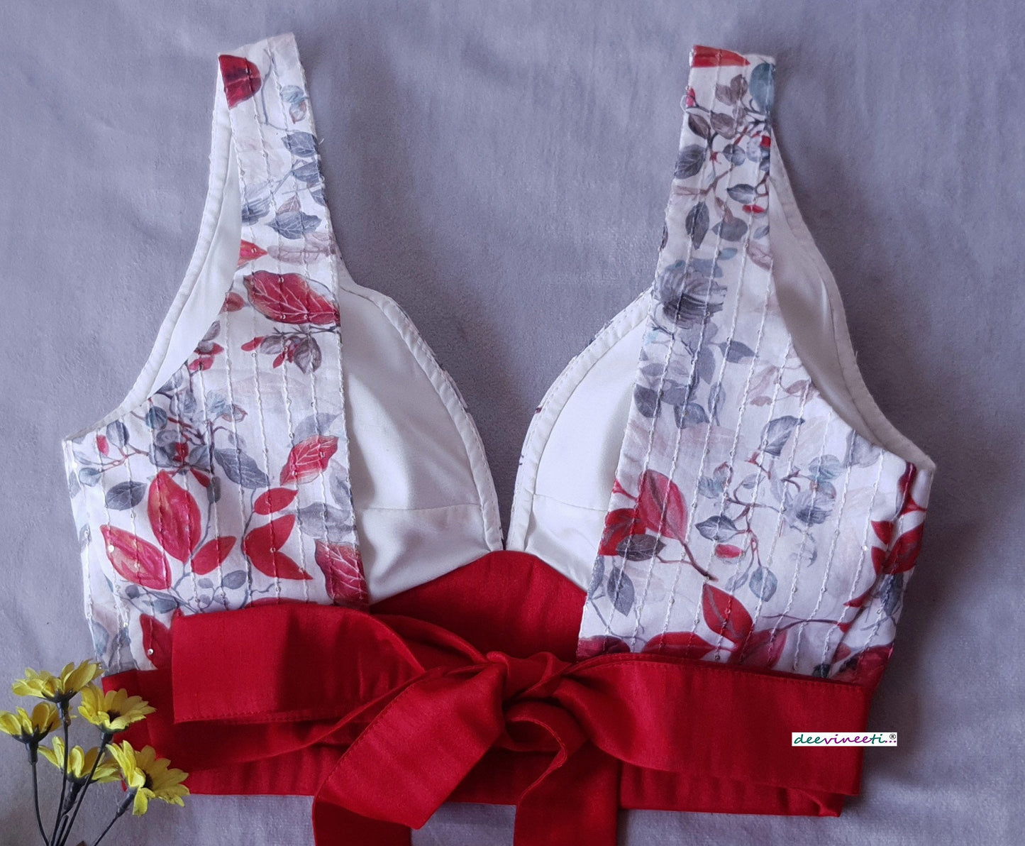 Floral Print Off White and Red Tie Blouse  DVBL_180