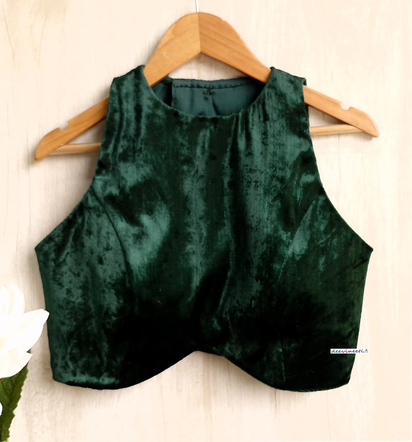 Bottle Green Viscose Velvet Jewel Neck Blouse DVBL_325