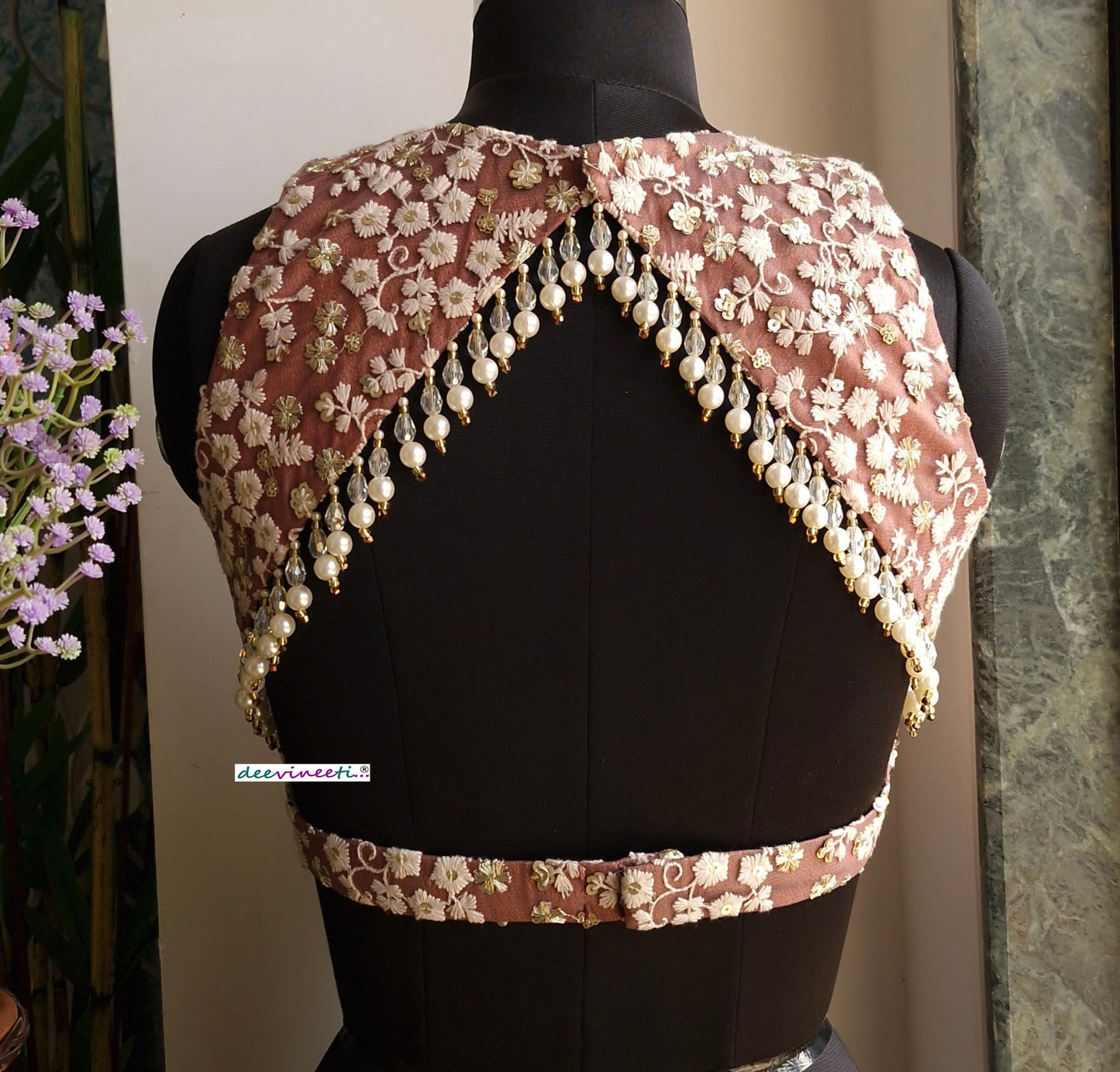 Mauve Brown Embroidered Jewel Neck Backless Blouse DVBL_335