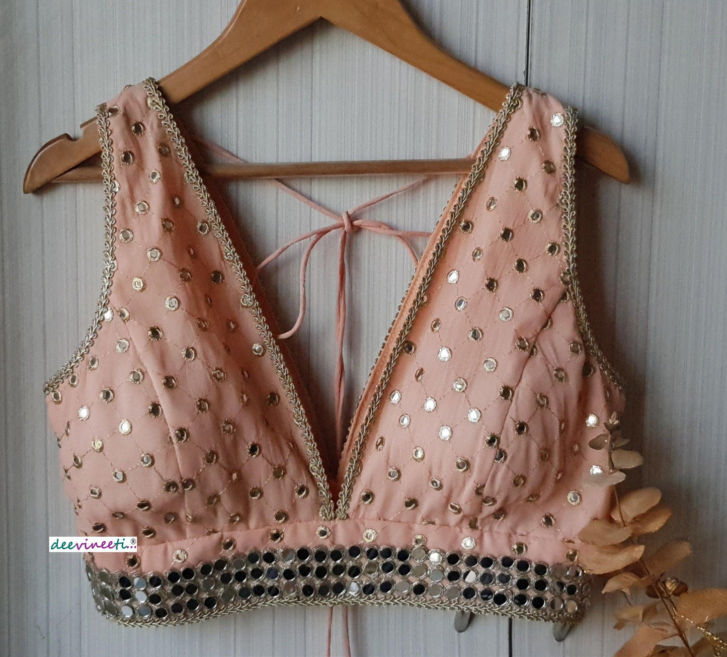 Faux Mirror  Embroidered Peach Plunge Neckline Blouse  DVBL_162