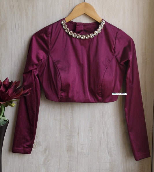 Purple Wine Lycra Satin Jewel Neck Blouse DVBL_391
