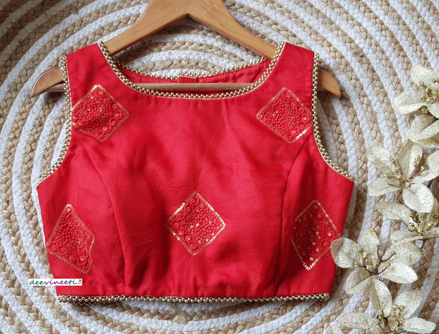 Red Jute Silk Boat Neck Blouse DVBL_212