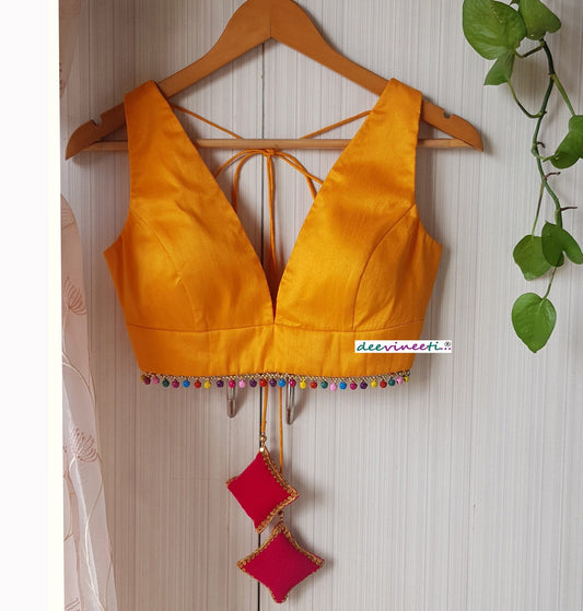 Amber Yellow Raw Silk Plunge Neckline Blouse with Multicolor Fringes DVBL_261