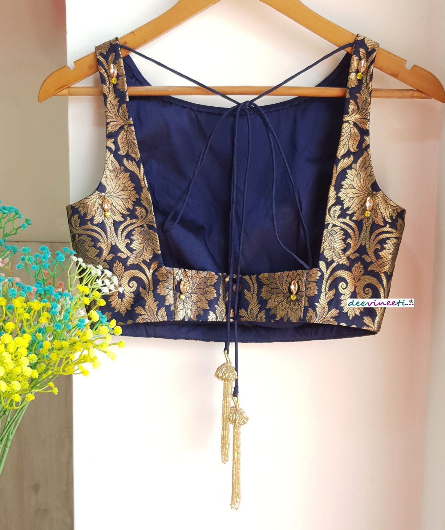 Deep Blue Brocade Blouse Sleeveless Boat Neck DVBL_127