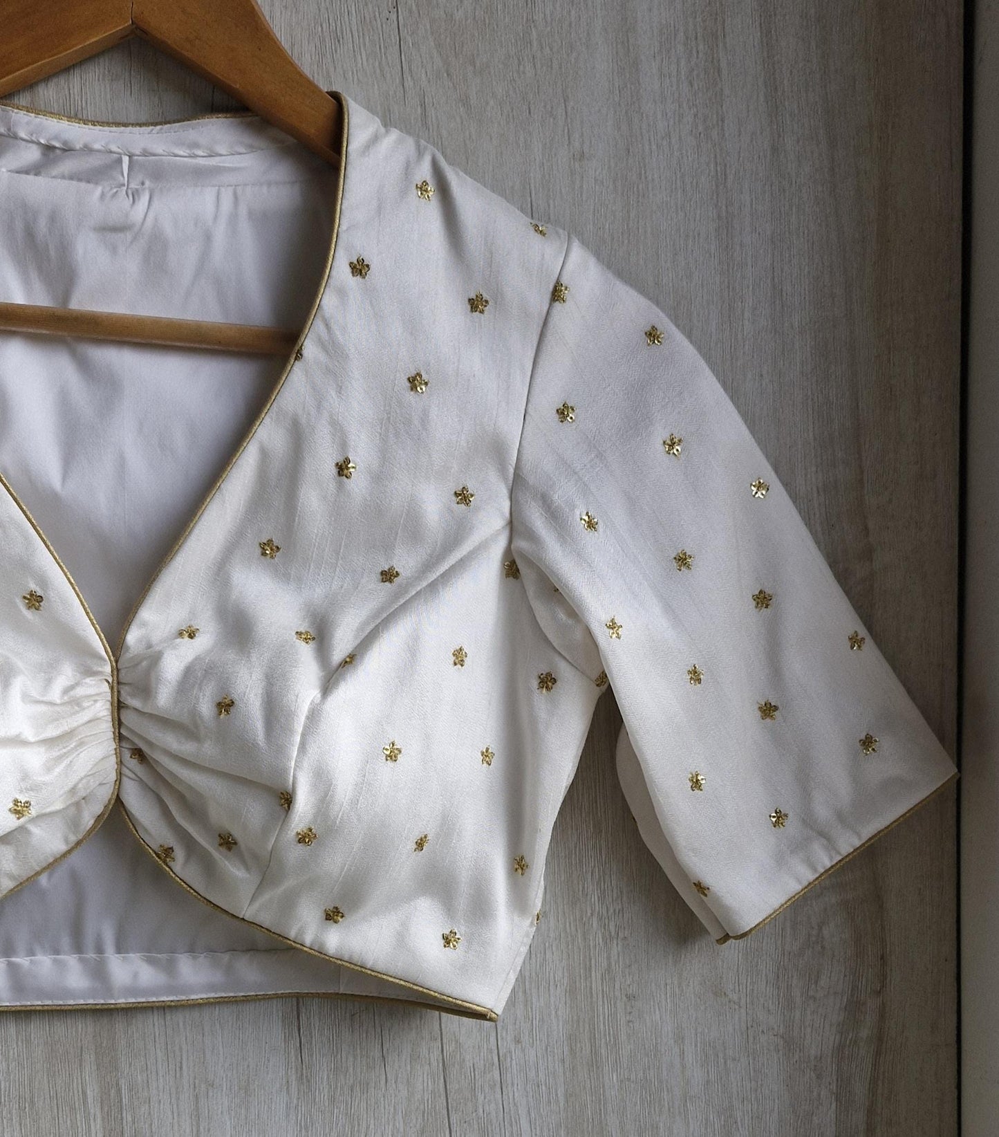 Embroidered Silk Ivory Deep V Neck Blouse DVBL_451