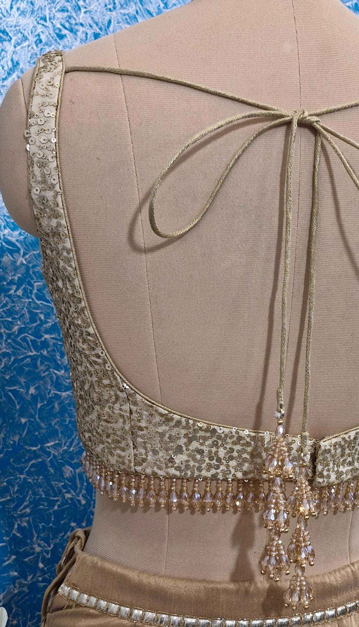 Light Gold Sequins Tissue Silk Sweetheart Neck Blouse DVBL_435