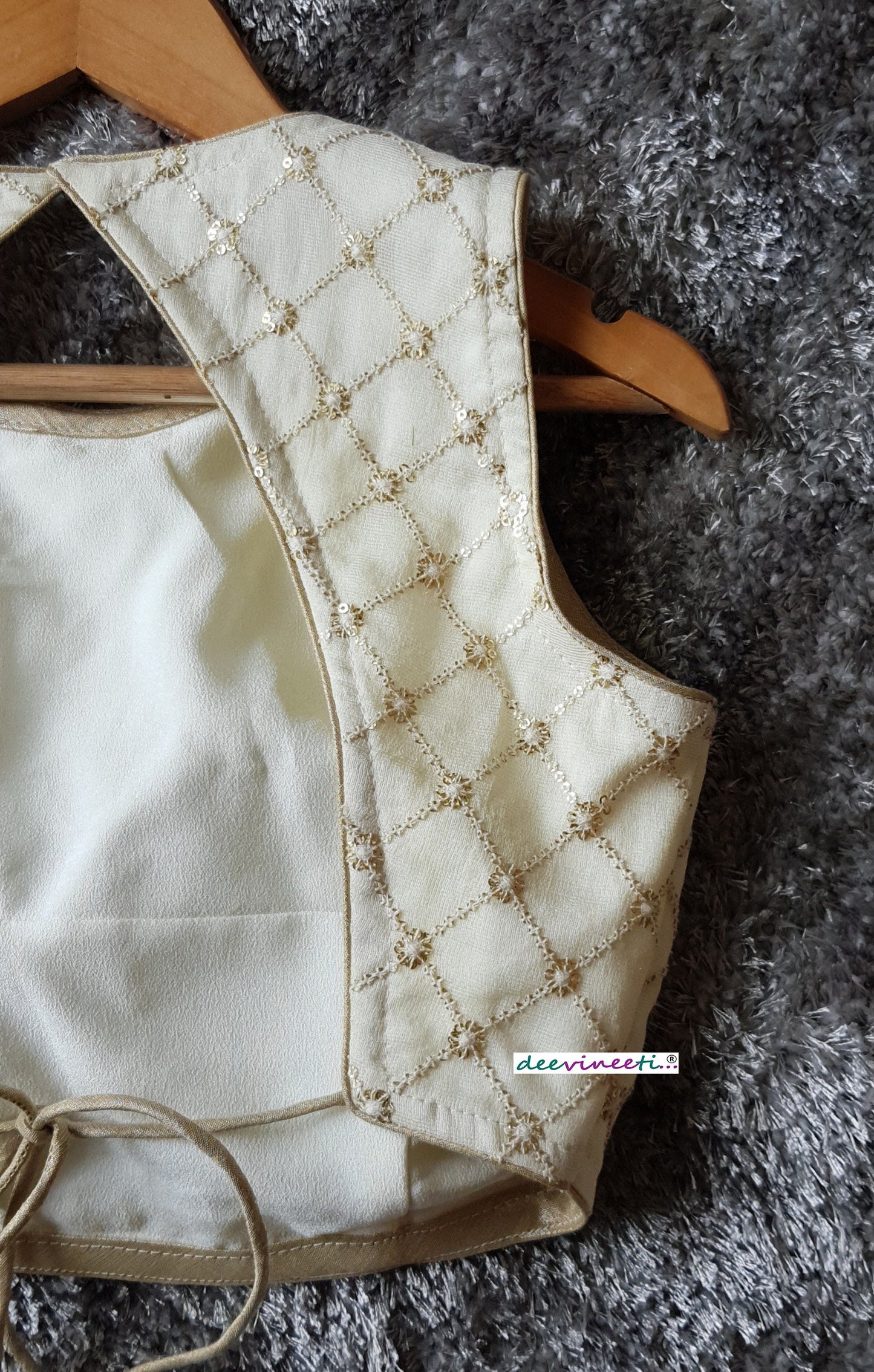 Cream Jute Silk Jewel Neck Backless Blouse DVBL_211