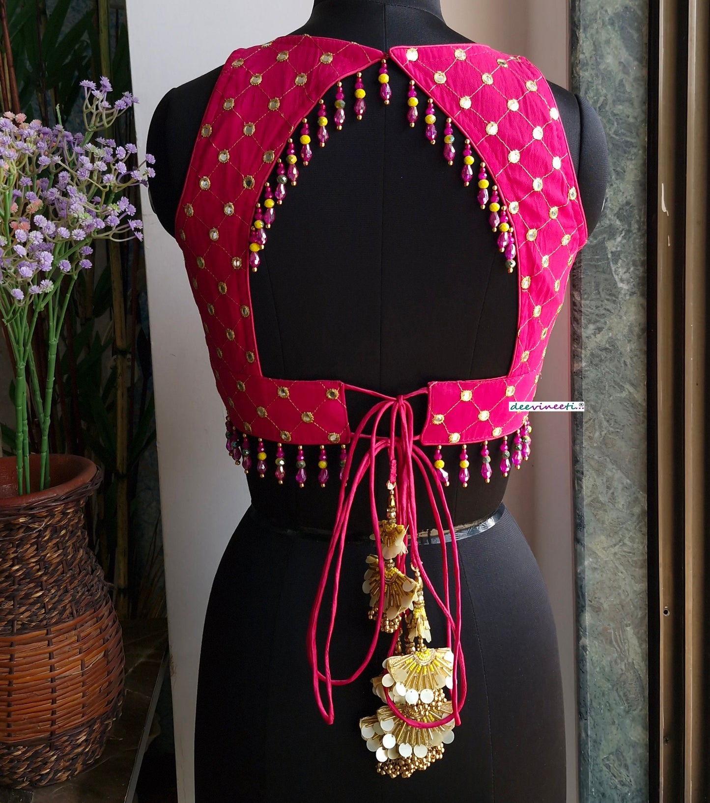 Hot Pink Embroidered Backless Blouse DVBL_336