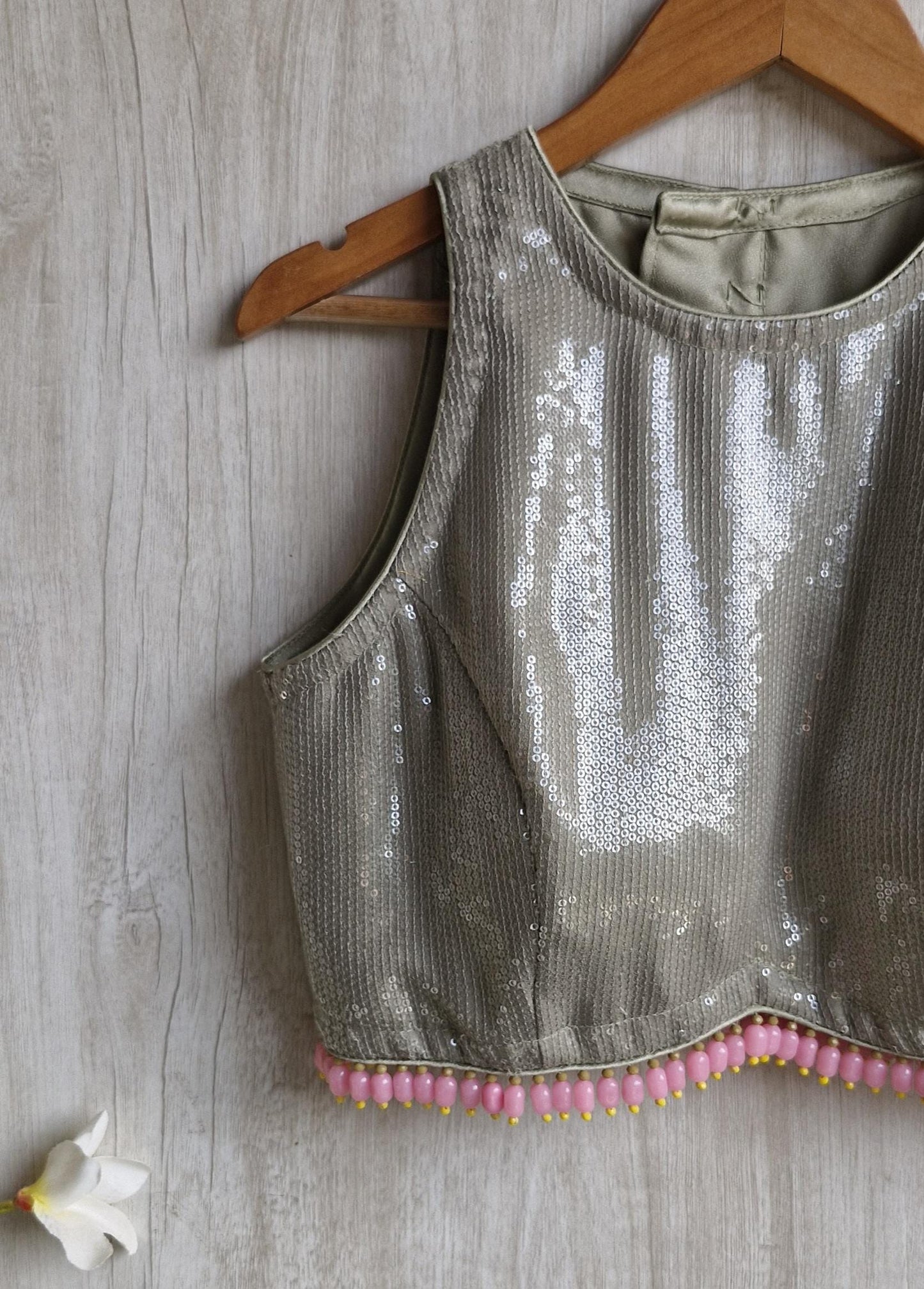 Sequins Embroidered Greenish Grey Blouse DVBL_453