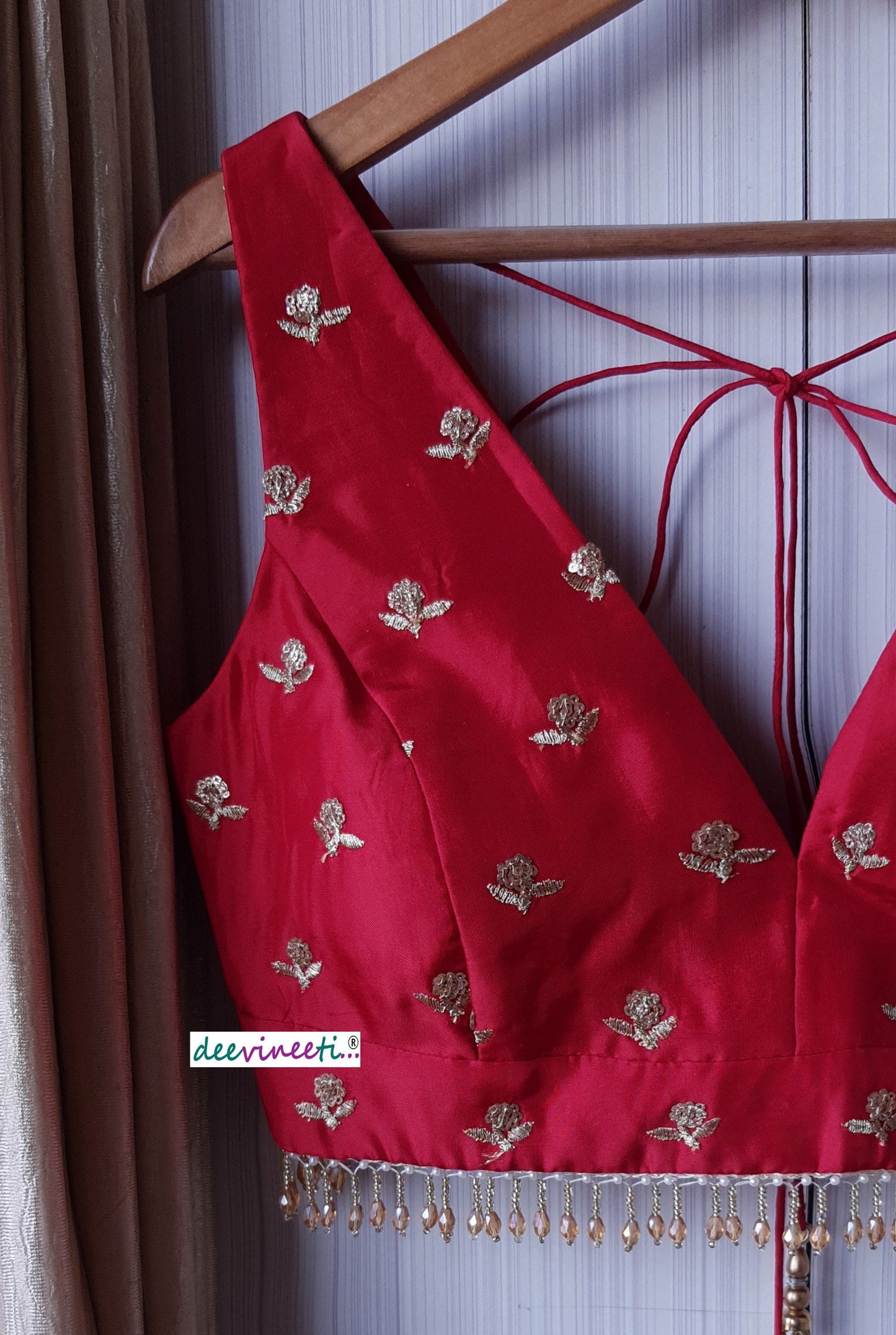 Red Embroidered Upada Silk Deep V Neck Blouse DVBL_170
