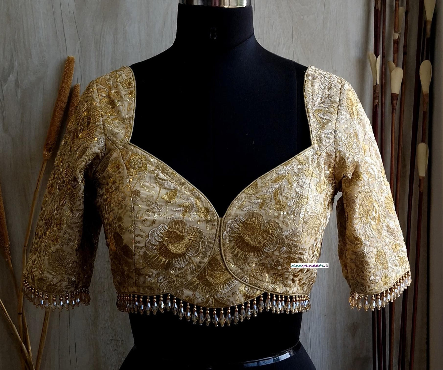 Beige Gold Embroidered Deep Sweetheart Neck Blouse DVBL_380.
