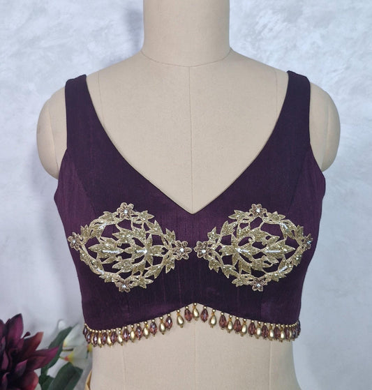 Hand Embroidered Burgundy Wine Raw Silk Blouse DVBL_432