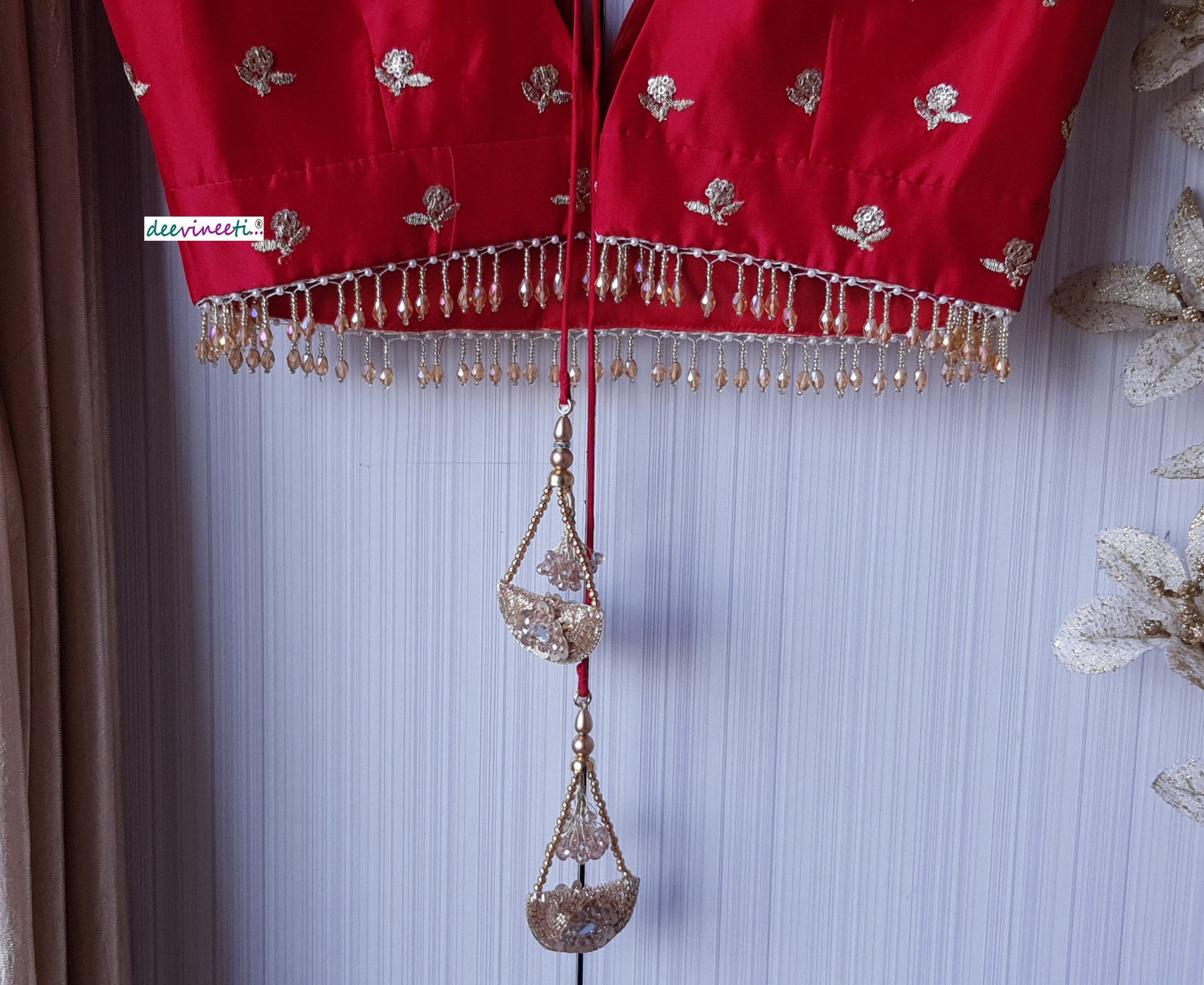 Red Embroidered Upada Silk Deep V Neck Blouse DVBL_170