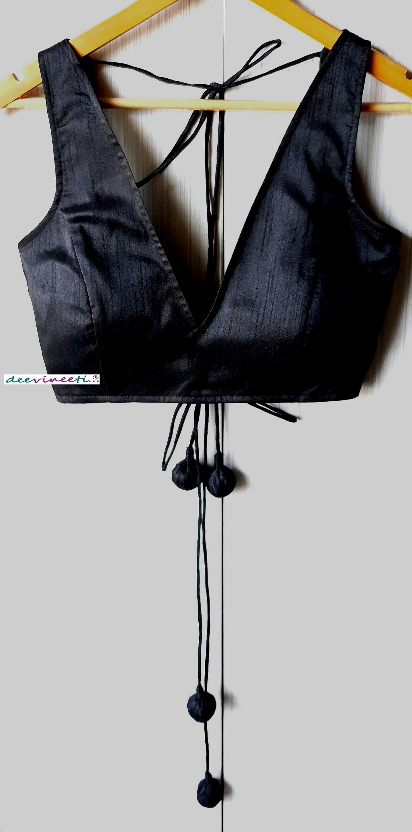 Raw Silk Deep V Neck Solid Blouse with Scallop Back DVBL_063