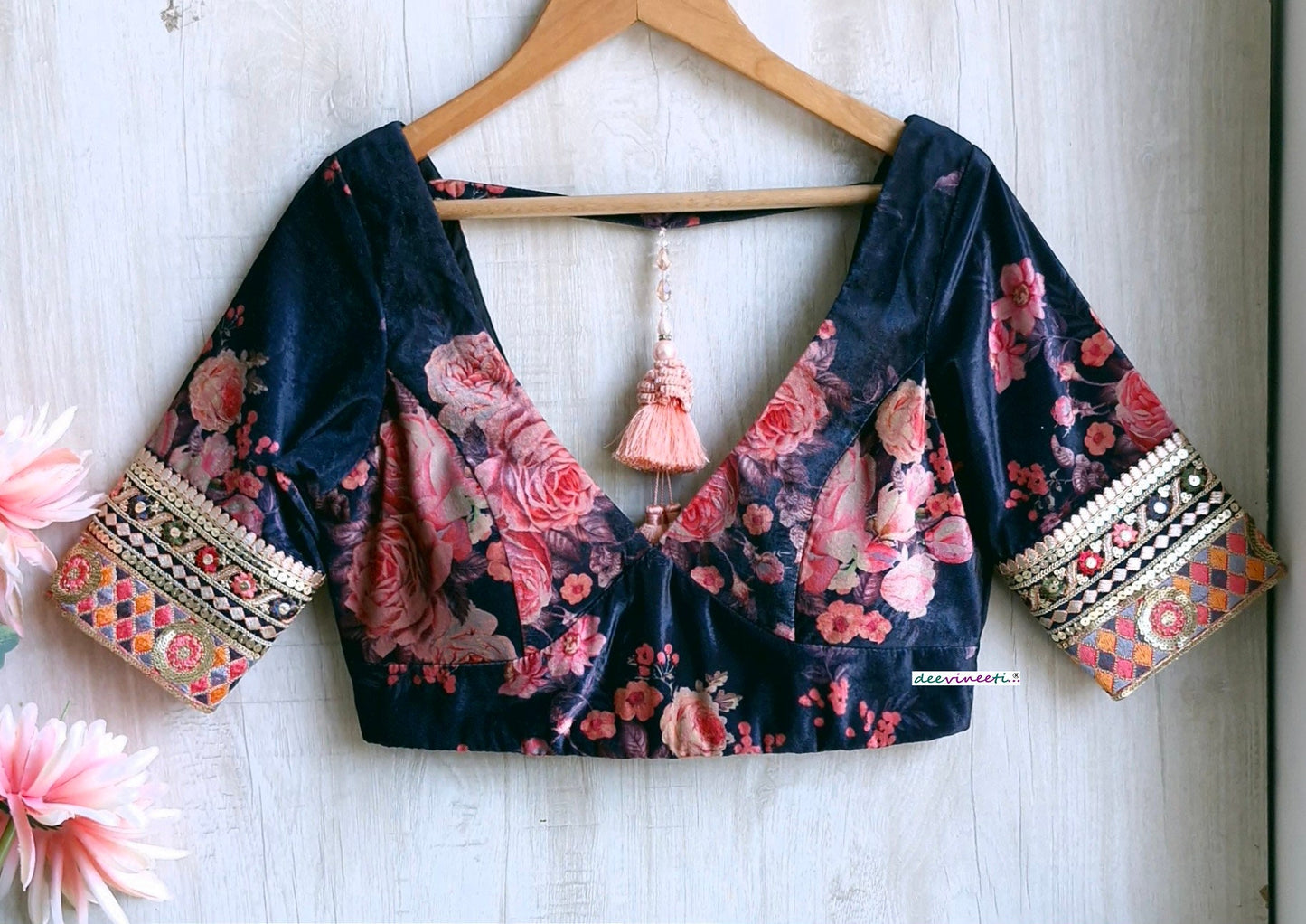 Deep Blue Floral Print Velvet V Neck Blouse DVBL_348.