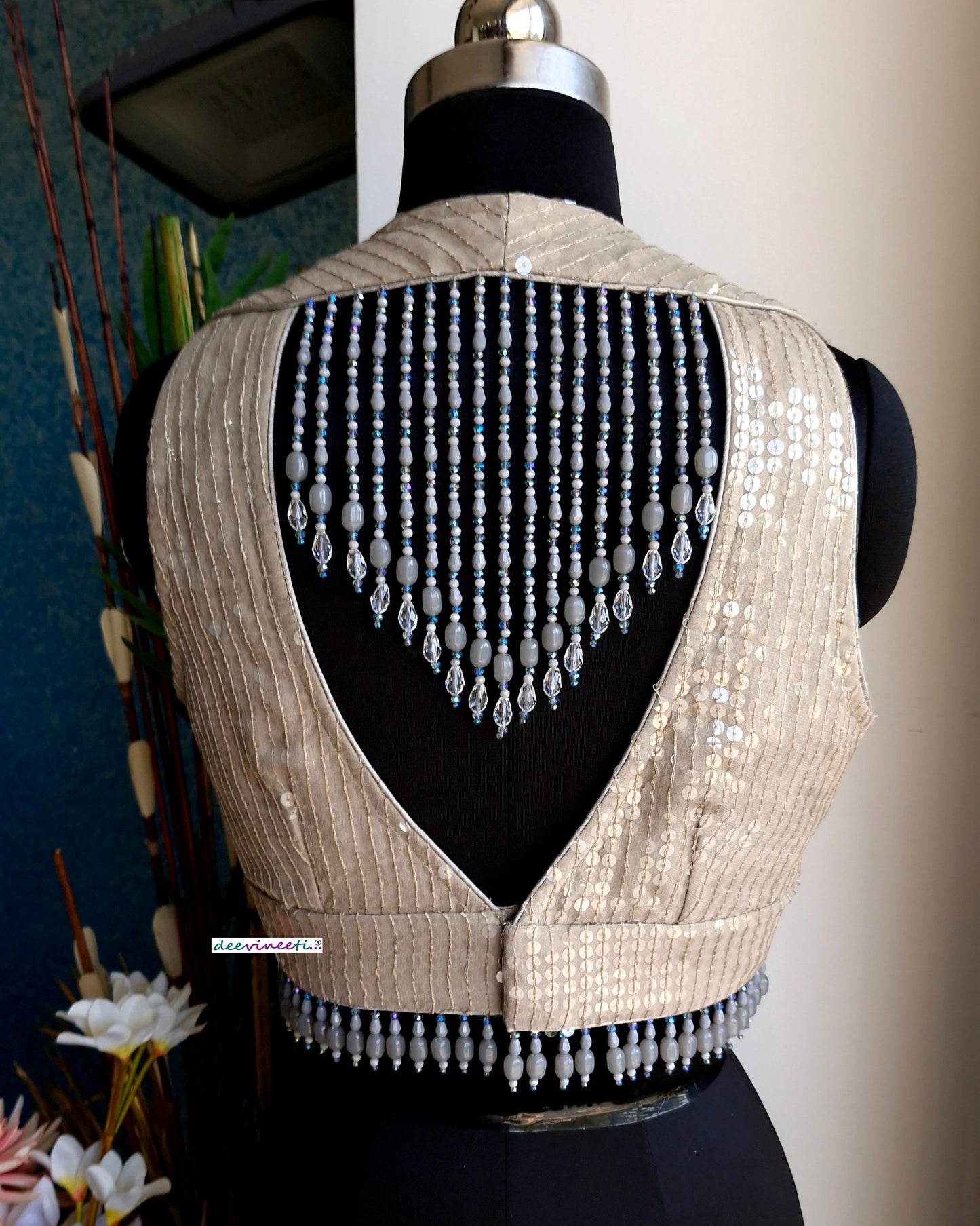 Grey Sequins Embroidered V Neck Blouse DVBL_340